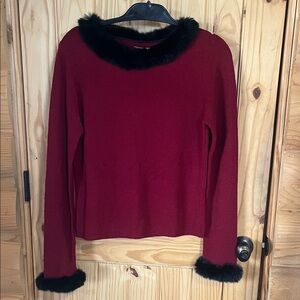 Harold's Red Merino Wool Sweater with Black Fur Trim